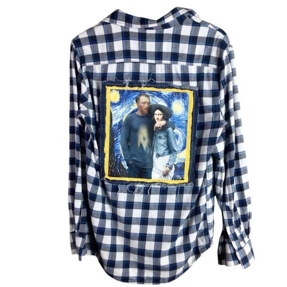 Reworked Van Gogh Mona Lisa FLANNEL Funny Stary Night Art Small - Picture 1 of 4